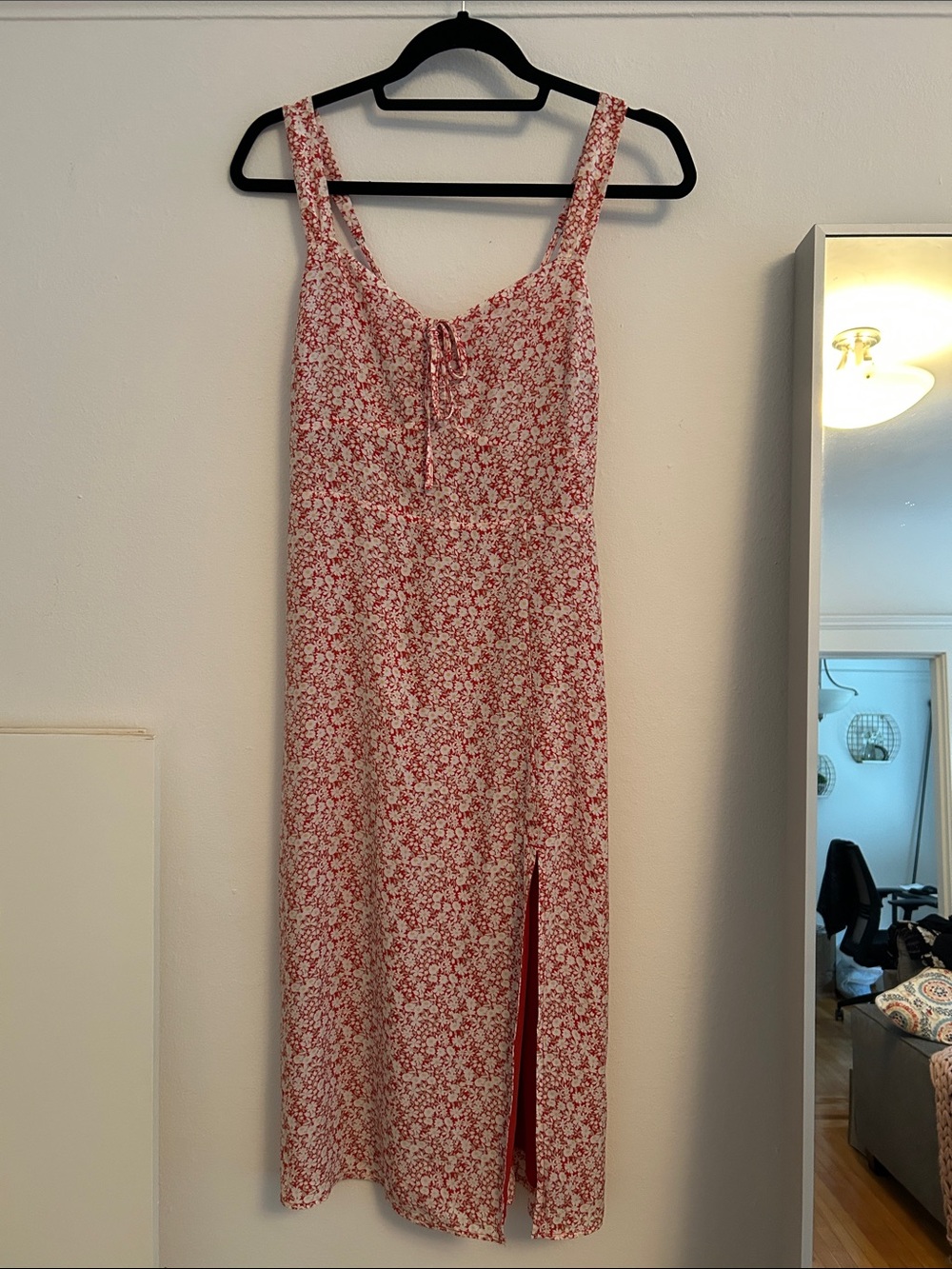 Abercrombie & Fitch Red Floral Midi Dress with Tie Front